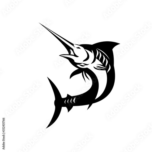 Blue Marlin Fish Jumping Shield Crest Retro Black and White