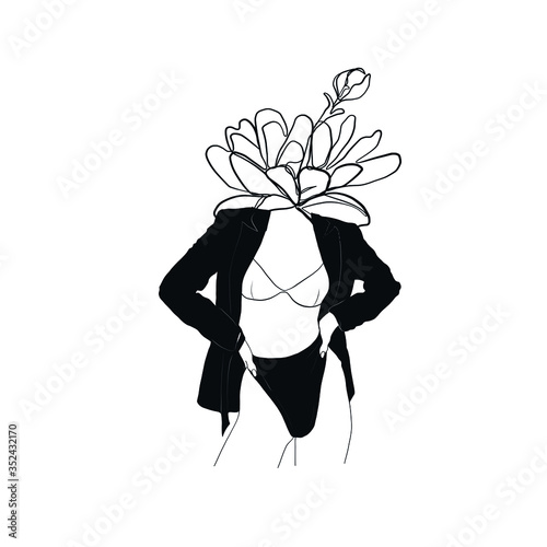 Alchemy style of figure of woman with flower in head. Outline esoteric girl. Model of woman in lingerie. Design for yoga, boho style decor,  psychological practices, occult taro card