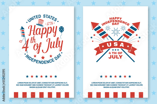 Set of Vintage 4th of july poster, flyer, template, card, fourth of July felicitation classic postcard. Independence day greeting card. Patriotic banner for website template. Vector illustration.