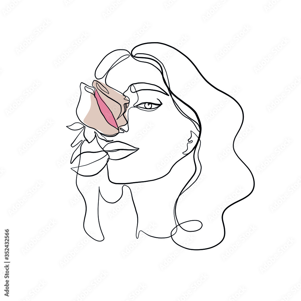 Obraz premium Linear woman with flower drawn by one continuous line. Portrait in minimal style. Nature symbol of rose. Botanical element. Design for beauty salon, postcard, invitations, logo, branding. 