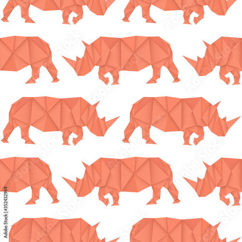 Rhinoceros. Red paper origami seamless pattern