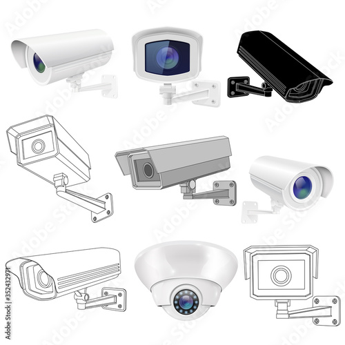 CCTV security camera set. Surveillance devices. 3d and outline drawings