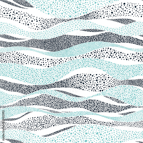 Wavy seamless pattern in polka dot style. Cute summer sea background. White and blue print for textiles. Waves graphic pointillism. Vector illustration.