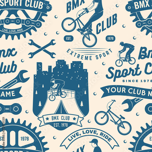 Set of bmx extreme sport club seamless pattern, background. Vector. Seamless pattern design with bmx cyclist, bmx sprocket and chain silhouette.