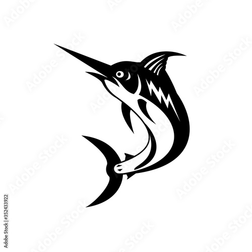 Blue Marlin Jumping Up Retro Black and White