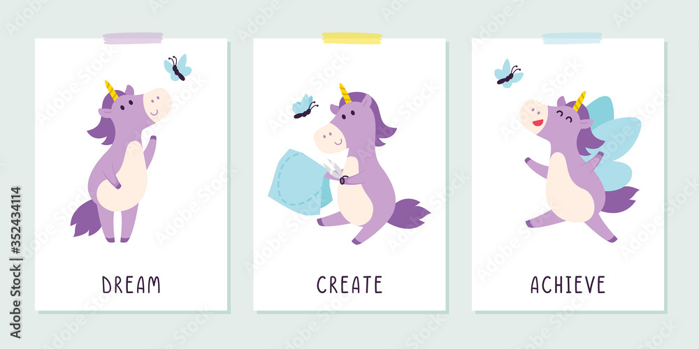 Cute purple unicorn with butterfly in the childish style. Positive inspirational saying for posters and cards. Dream, create, achieve banner, t-shirt print design. Flat vector illustration.