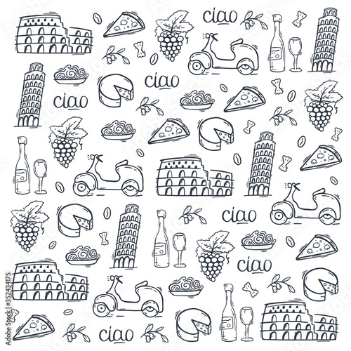 Cartoon cute hand drawn Italian travel background. Vector illustration.