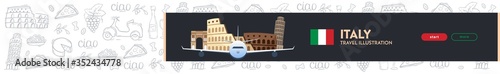 Travel to Italy banner. Doodle hand drawn background. Vector illustration.