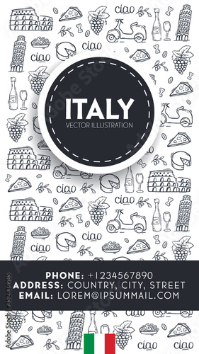 Cartoon cute hand drawn Italian travel background. Vector illustration.