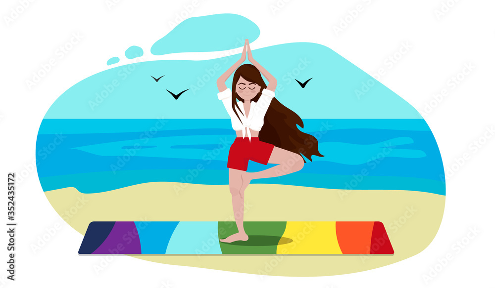 Young woman with long hair meditates in yoga tree pose on the beach on a colourful yoga mat. Cartoon flat style vector illustration.