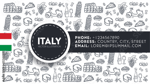 Cartoon cute hand drawn Italian travel background. Vector illustration.
