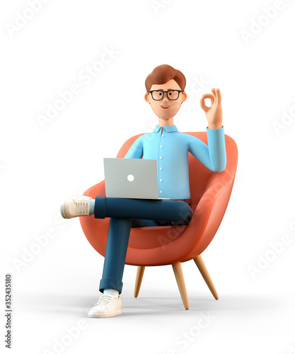 3D illustration of smiling happy man with laptop sitting in armchair and showing ok gesture. Cartoon businessman with okay sign, working in office and using social networks, isolated on white.