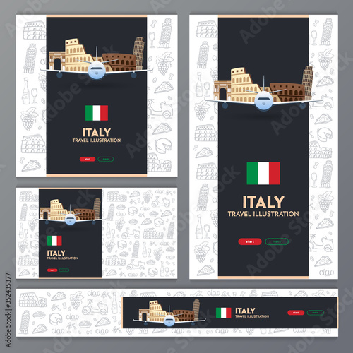 Travel to Italy banner. Doodle hand drawn background. Vector illustration.