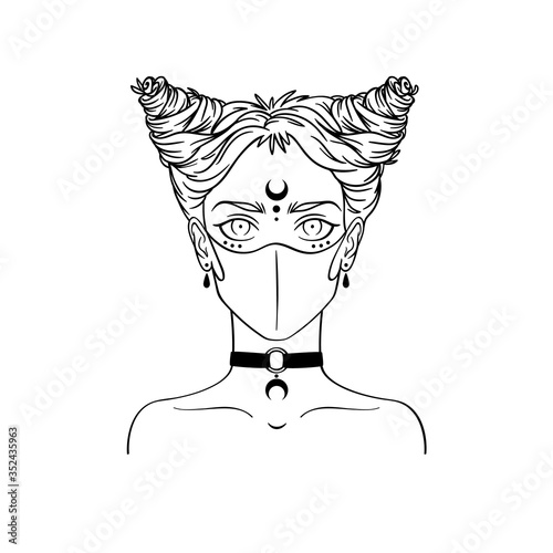 Stylish subcultural girl with choker wearing medical mask. Coronavirus pandemic concept.Monochrome vector illustration of masked subcultural girl in hand-drawn style isolated on white background.