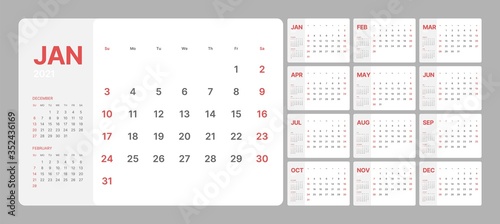 Wall calendar template for 2021 year. Planner diary in a minimalist style. Week Starts on Sunday. Monthly calendar ready for print.