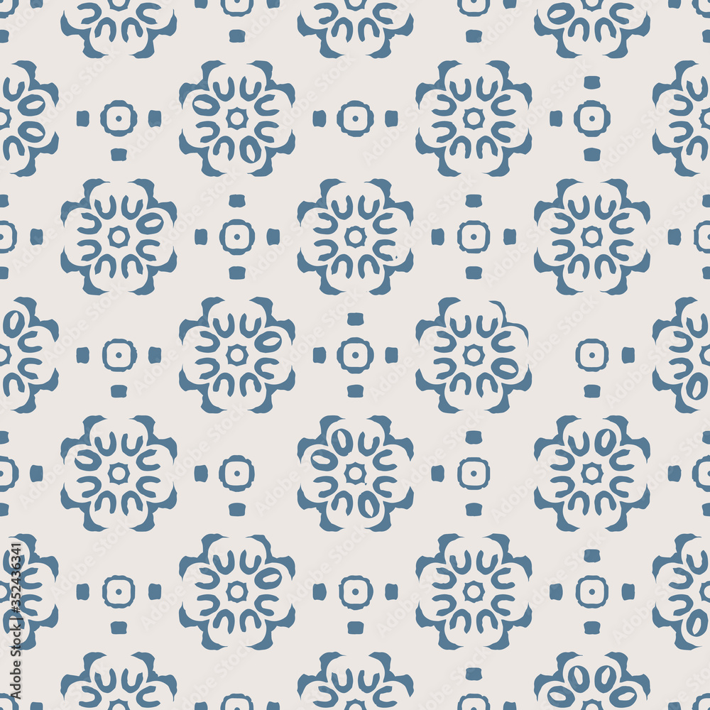 Blue Indian block print abstract floral seamless vector pattern background with stylised flowers for fabric, wallpaper, scrapbooking projects.
