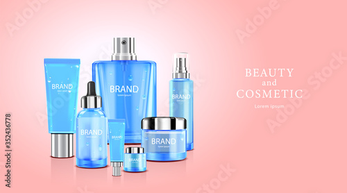 Luxury cosmetic Bottle package skin care cream, Beauty cosmetic product poster, with pink flowers on pink color background