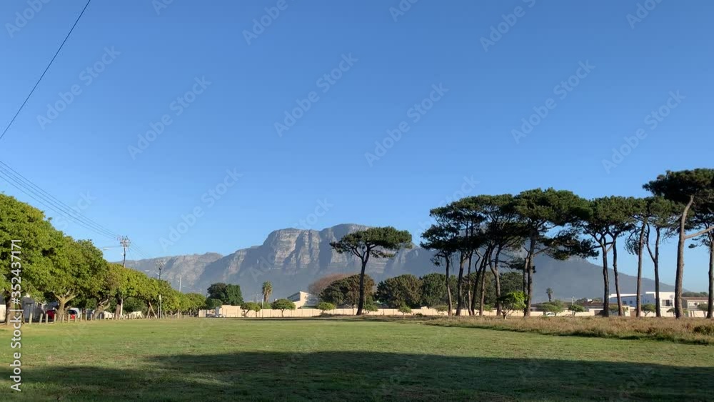 Grassy park with mountain views and blue sky Grassy park with mountain views and blue sky