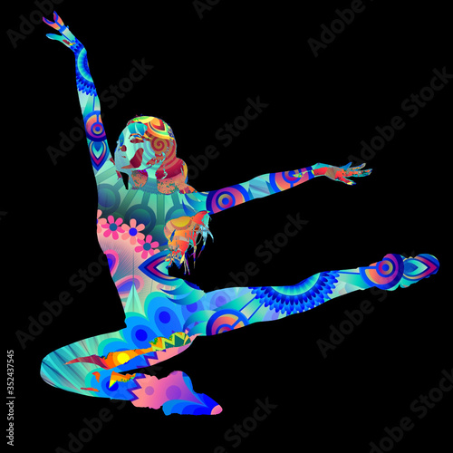 Vászonkép dancing girl silhouette vector hippi hippy effect