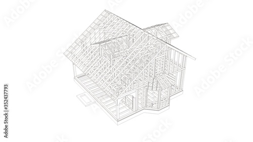 Fototapeta Naklejka Na Ścianę i Meble -  3d toon render of a modern frame building - detailed concept of construction. 3D illustration of the modern house with construction site.
