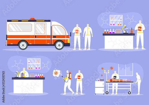 Medical healthcare concept, people in protective suit and mask sprays and disinfects object. Global epidemic or pandemic. Covid-19, coronavirus Disease. Worker in chemical makes virus test. Vector