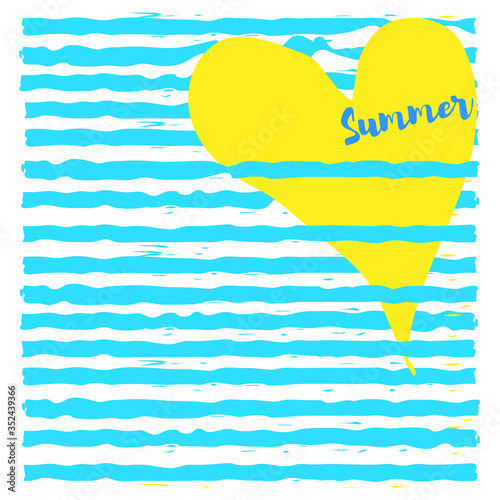 Summer concept. Yellow heart on blue stripes. Vector illustration