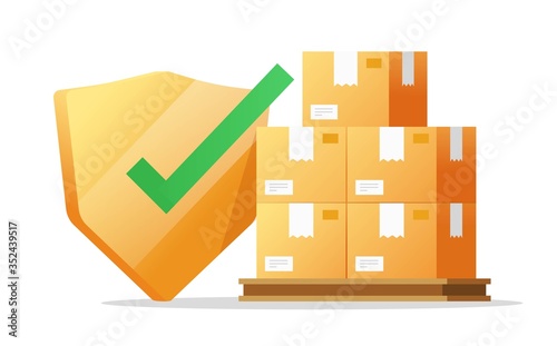 Shipping insurance and cargo freight delivery guaranty shield or package transportation protection coverage care vector flat illustration isolated, logistics guard concept, courier shipment safety