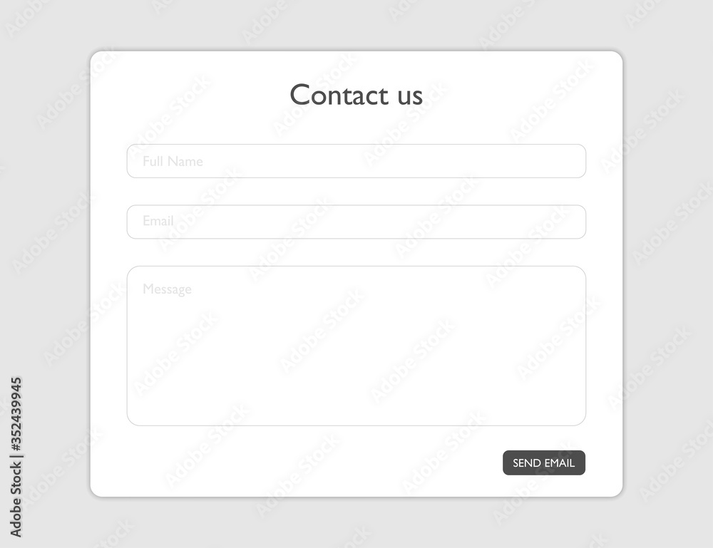 Contact us form. Template for feedback email. Mockup with blank name, email and message fields. Empty editable frame for support contact. Send button. Contact or feedback interface. EPS 10. Contact us form. Template for feedback email. Mockup with blank name, email and message fields. Empty editable frame for support contact. Send button. Contact or feedback interface. EPS 10.