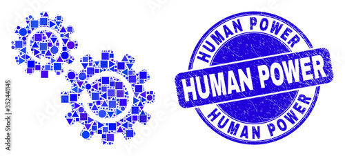 Geometric gears rotation mosaic icon and Human Power watermark. Blue vector round scratched watermark with Human Power phrase. Abstract composition of gears rotation constructed of round, tringle,