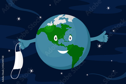 Planet Earth take off medical mask. Epidemic ending. Vector illustration.