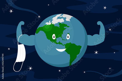 Planet Earth take off medical mask. Quarantine ending. Vector illustration.