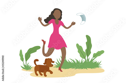 African-American woman stroll outdoors and take off medical mask. Quarantine ending. Vector illustration.
