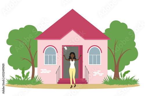 African-American woman rejoice and take off medical mask. Lockdown cancellation. Vector illustration.