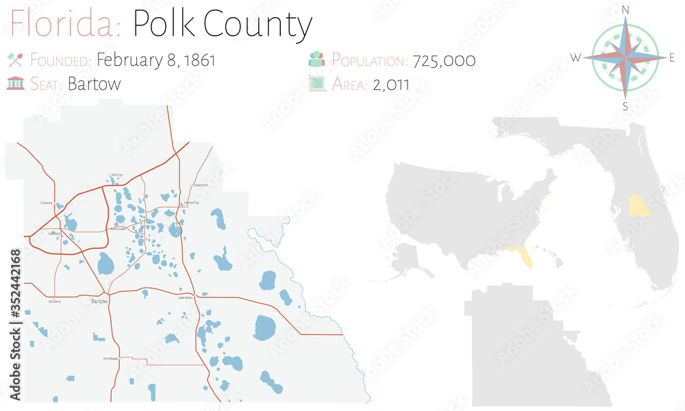 Large and detailed map of Polk county in Florida, USA.