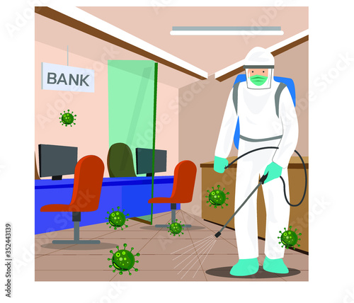 Vector illustration of a coronary injection (Covid-19) personnel sterilizing spray in the bank.