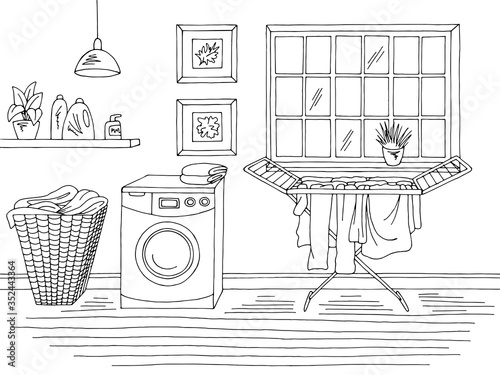 Laundry room home interior graphic black white sketch illustration vector