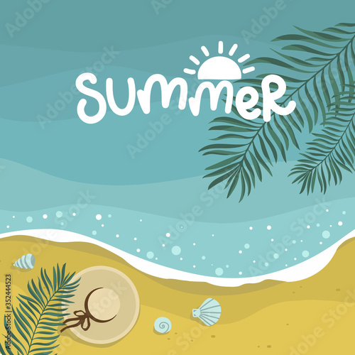 summer sea with waves background, palm leaves, starfish mollusks, beach yellow sand, vector design template, lettering