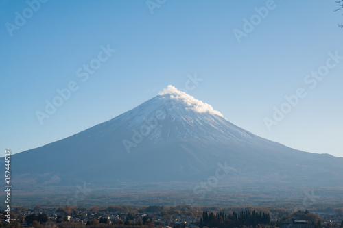 Mount Fuji view from Lake Kawaguchi, Yamanashi Prefecture, Japan. Mount Fuji is Japan tallest mountain and popular with both Japanese and foreign tourists.