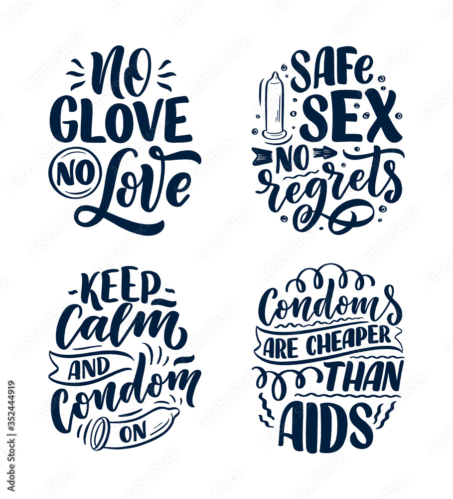 Fototapeta premium Safe sex slogans, great design for any purposes. Lettering for World AIDS Day design. Funny print, poster and banner with phrases about condoms. Vector