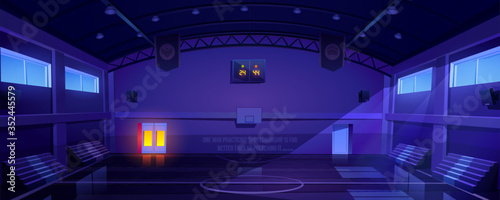 Basketball court interior at night, dark sports arena or hall for team games with hoop, scoreboard and empty fan sector seats. Indoor stadium illuminated with moonlight, cartoon vector illustration