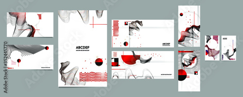 White background, black and red color elements poster design Japanese style templates set invitations to lines abstract background. Stock vector set