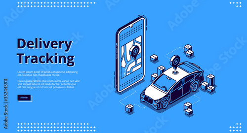 Delivery tracking banner. Online mobile service for track shipping parcel, cargo or post. Vector landing page with isometric smartphone with map application and courier car