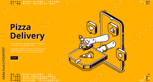 Pizza delivery isometric landing page. Mobile app, online service for order fast food and junk meals. Human hands giving box with fastfood from smartphone screen, 3d vector line art, web banner