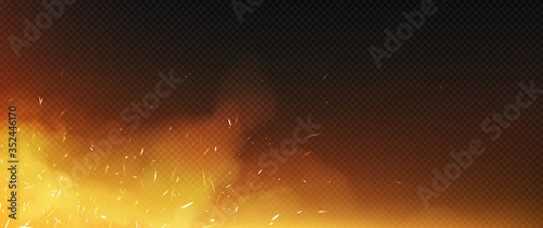 Fire sparks with smoke border, flying up particles and embers. Vector realistic heat and glow effect of flame in burning bonfire, from blacksmith works or hell isolated on transparent background