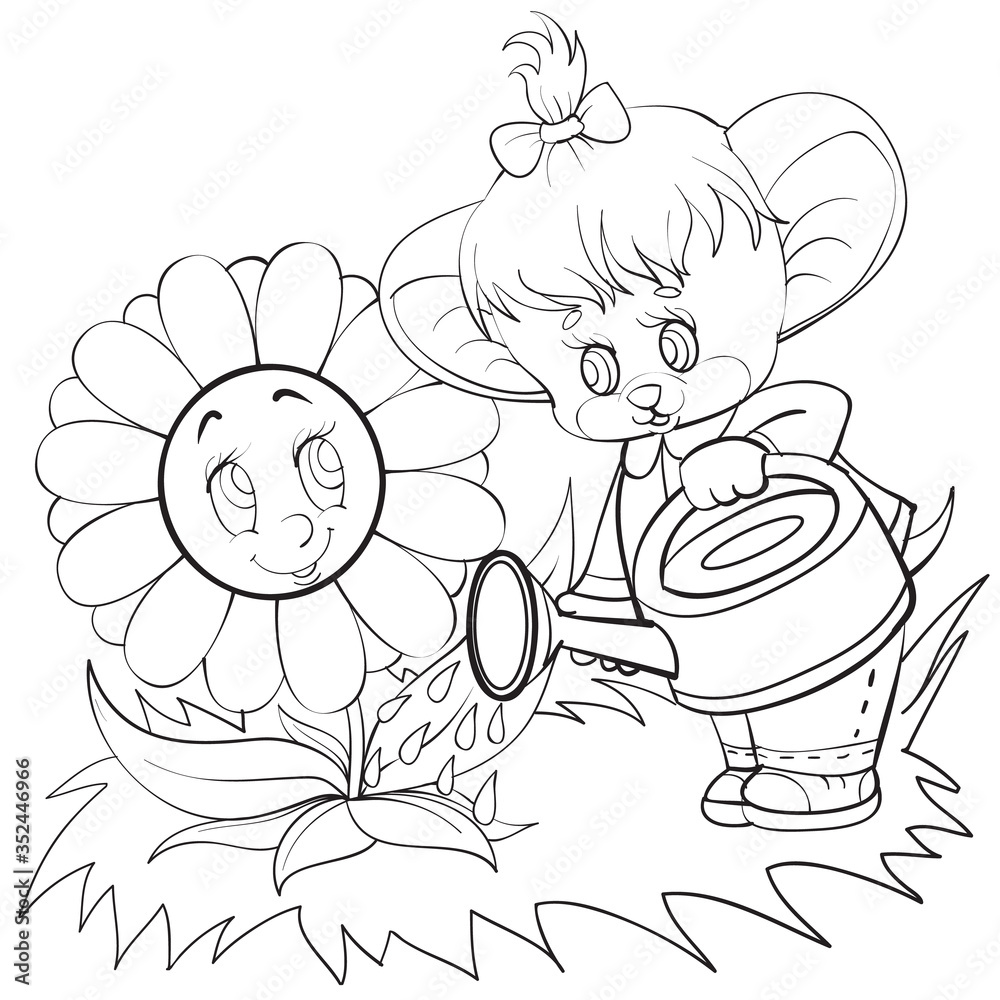Fototapeta premium sketch of a character a mouse with a bow on his head watering a larger flower that she is grateful to, coloring, isolated object on a white background, vector illustration,