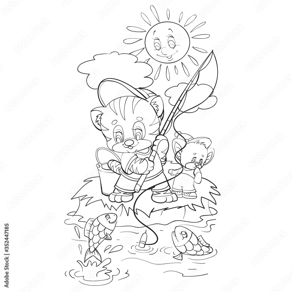 sketch of the character of a kitten who, together with a mouse, stands on the shore and fishes for fishing, coloring, isolated object on a white background, vector illustration, sketch of the character of a kitten who, together with a mouse, stands on the shore and fishes for fishing, coloring, isolated object on a white background, vector illustration,