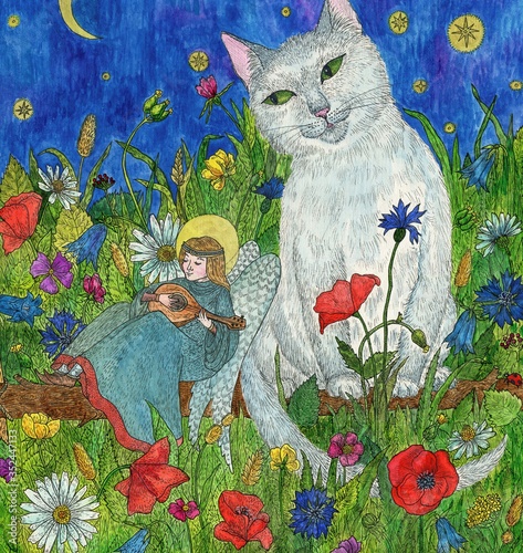 Angel and a white cat. Wildflowers. Bright watercolor and ink illustration. Cute illustration for the decor and design of posters, postcards, prints, stickers, invitations, textiles and stationery.