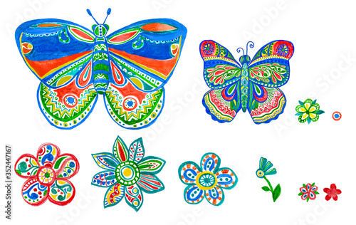 Butterfly flower watercolor set. Floral ornamental pattern. Hand made colorful art design as kid illustration for cloth, fabric