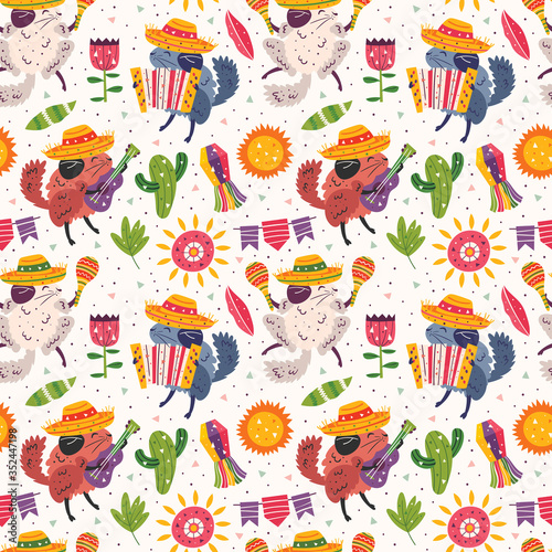 Mexico holiday. Little cute chinchillas in sombrero with maracas, accordion, guitar, cactus, sun and flags. Mexican party. Latin America. Flat colourful vector seamless pattern, texture, background.