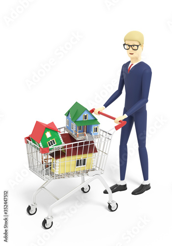 Businessman pushes a shop trolley full of houses. White background. 3D illustration